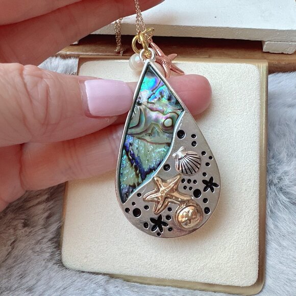 Abalone Sea Life & Freshwater Pearl Pendant Long Necklace with Starfish Charm - Picture 2 of 4